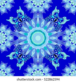 Blue background. Blue mandalas. Butterflies. Vector illustration.