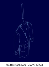 Blue background with a mannequin wearing a jacket hanging from a clothes hanger. The jacket is a dark blue color and has a trim