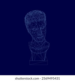 Blue background with a man's face in the center. The face is made up of lines and dots, giving it a 3D appearance. The image seems to be a digital rendering of a statue or a sculpture