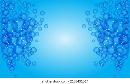 Blue background and many bubbles. White gradient center with empty space. Small and large bubbles float in the air.