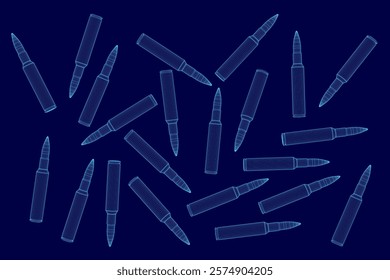 Blue background with many bullets drawn on it. The bullets are stylized and appear to be in motion. Scene is one of chaos and destruction, as the bullets are scattered all over the background