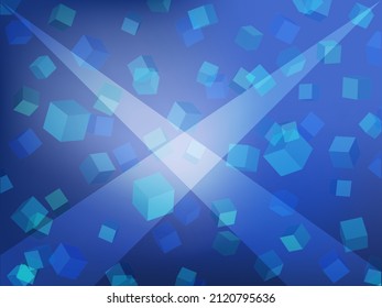 Blue background with many cubes floating, spotlight on the center,4:3 ratio size