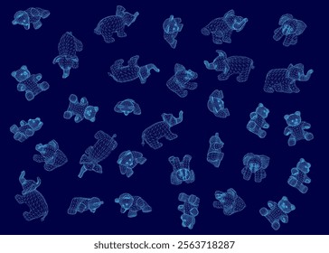 Blue background with many different animals scattered throughout. The animals are all different sizes and shapes, and they are all in various positions. Scene is playful and whimsical