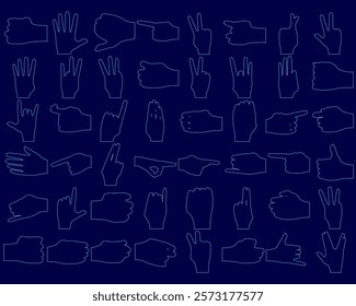 Blue background with many hand drawings of fingers and thumbs. The hand drawings are in various sizes and positions, creating a sense of depth and movement. Scene is playful and whimsical