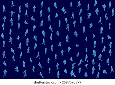 A blue background with many people in various poses. The people are all wearing blue and are scattered throughout the image. Scene is lively and energetic