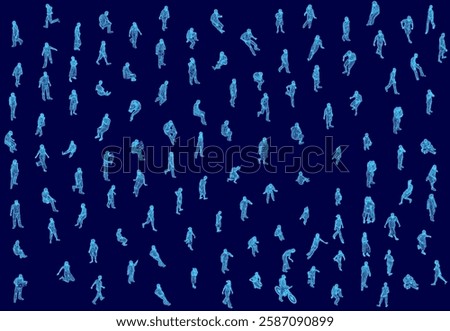 A blue background with many people in various poses. The people are all wearing blue and are scattered throughout the image. Scene is lively and energetic