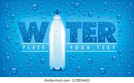 Blue background with many water drops and botlle