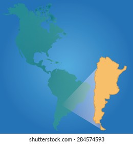 Blue background with a map of a continent and a country. Vector illustration