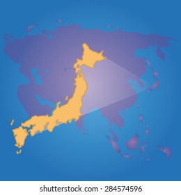 Blue background with a map of a continent and a country. Vector illustration