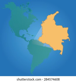 Blue background with a map of a continent and a country. Vector illustration