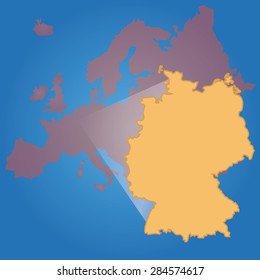 Blue background with a map of a continent and a country. Vector illustration