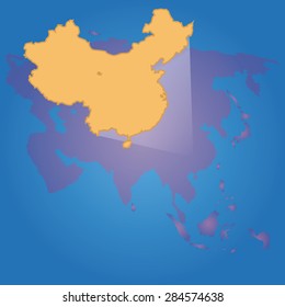 Blue background with a map of a continent and a country. Vector illustration