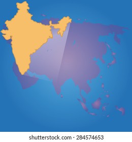 Blue background with a map of a continent and a country. Vector illustration