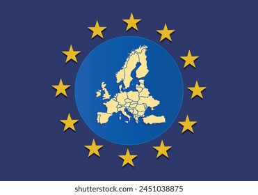 Fondo azul con Mapa de Europa rodeado de estrellas.