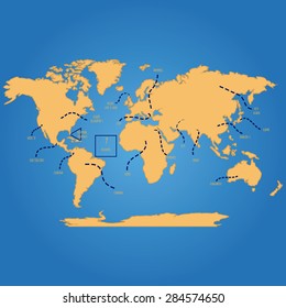 Blue background with a map of the world. Vector illustration