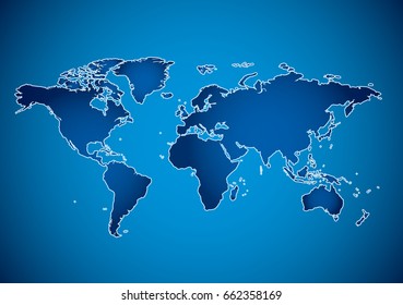 blue background with map of the world - vector with radial gradient. Eps in CMYK. Graphic illustration as template infographics and silhouette for travel theme