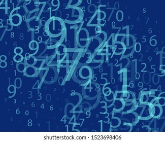 Blue Background in a matrix style. Binary code pattern with digits on screen. Falling Random numbers 0 and 9. Abstract digital backdrop. Vector illustration