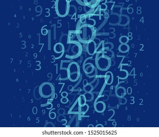 Blue Background in a matrix style. Binary code pattern with digits on screen. Falling Random numbers 0 and 9. Abstract digital backdrop. Vector illustration