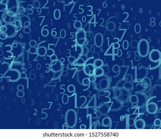 Blue Background in a matrix style. Binary code pattern with digits on screen. Falling Random numbers 0 and 9. Abstract digital backdrop. Vector illustration