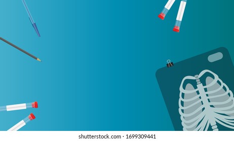 Blue background for medical text. Test tubes, snapshot, pencil, pen. Vector illustration