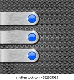 Blue background. Metal perforation with stainless steel plates. Vector 3d illustration.
