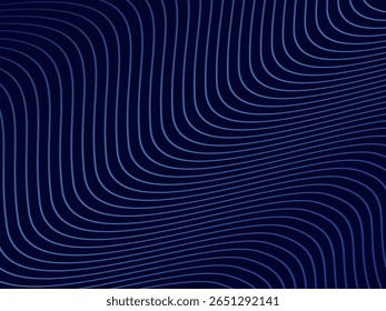 Blauer Hintergrund mit modernen abstrakten Wellenlinien. Das Wellenmuster dunkelblauer dünner Linien überlappt einander und erzeugt einen dynamischen und technologischen abstrakten Hintergrund.