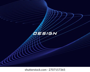Blauer Hintergrund mit modernen abstrakten Wellenlinien. Das Wellenmuster dunkelblauer dünner Linien überlappt einander und erzeugt einen dynamischen und technologischen abstrakten Hintergrund.	
