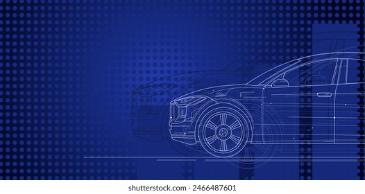 blue background with modern car, automotive, empty space - vector illustration