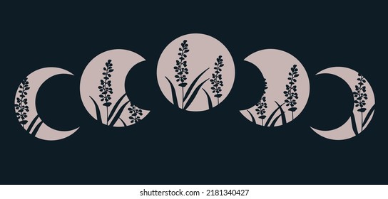 Blue background with moon cycle with wild flowers.