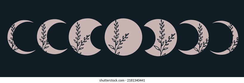Blue background with moon cycle with wild flowers.