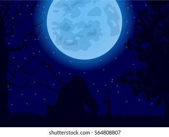 Blue Background with moon, dying warrior, arrows in his back and sword silhouette