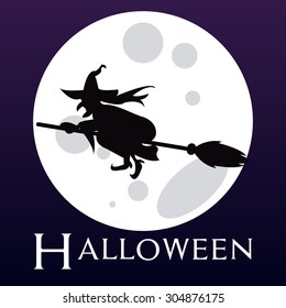 Blue background with the moon and a silhouette of a witch. Vector illustration