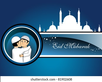 blue background with mosque, people hugging &wishing eid mubarak