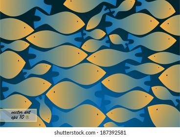 Blue background with the motif of golden fishes