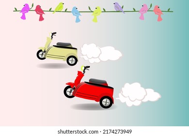 Blue Background Motorcycle Trailer And Birds In The Sky