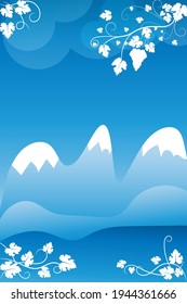 Blue background with mountains and decorative vine pattern