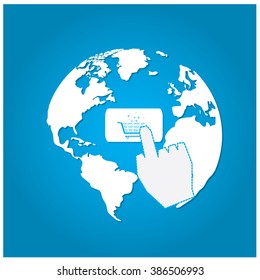 Blue background with a mouse over a shopping cart and our planet