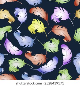 Blue background with multi-colored feathers.Vector seamless pattern with multicolored feathers on a blue background.