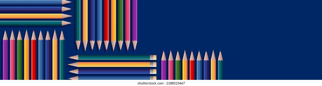 Blue background with multi-colored pencils. Background for making your text. Website banner