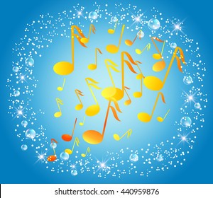Blue background with musical notes, bubbles and stars