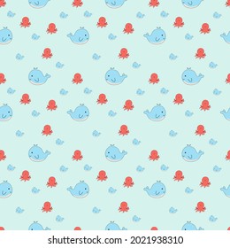 Blue background and octopus pattern with fish