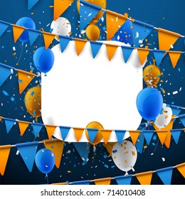 Blue Background With Orange Flags, Balloons And Confetti. Vector Paper Illustration.