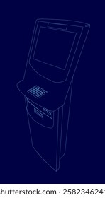 A blue background with a blue outline of a cash machine. The machine has a keypad and screen.