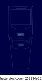 A blue background with a blue outline of a cash machine. The machine has a keypad and screen.
