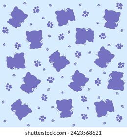 Fondo azul con un contorno de la sombra de un gatito y huellas de pata. Ilustración del vector