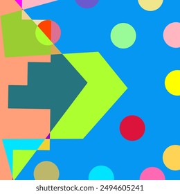Blue background with overlapping geometric shapes in various colors. Circles, squares, and triangles in bright hues. Dynamic and energetic composition.