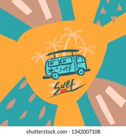 Blue background with palm trees and bus template. Abstract summer background
