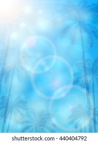 Blue background with palms and sun, Summer theme with palm trees and bright Sun on blue sky, illustration. 