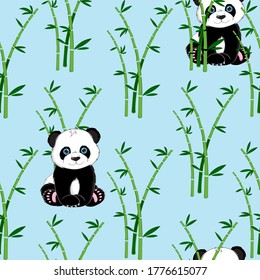 Blue background with a Panda and a reed. Vector.