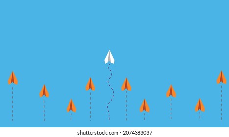 blue background paper planes, white plane guides and steers yellow planes.
New idea, change, trend, courage and leadership concept.
knowledge concept. The design is EPS 10.